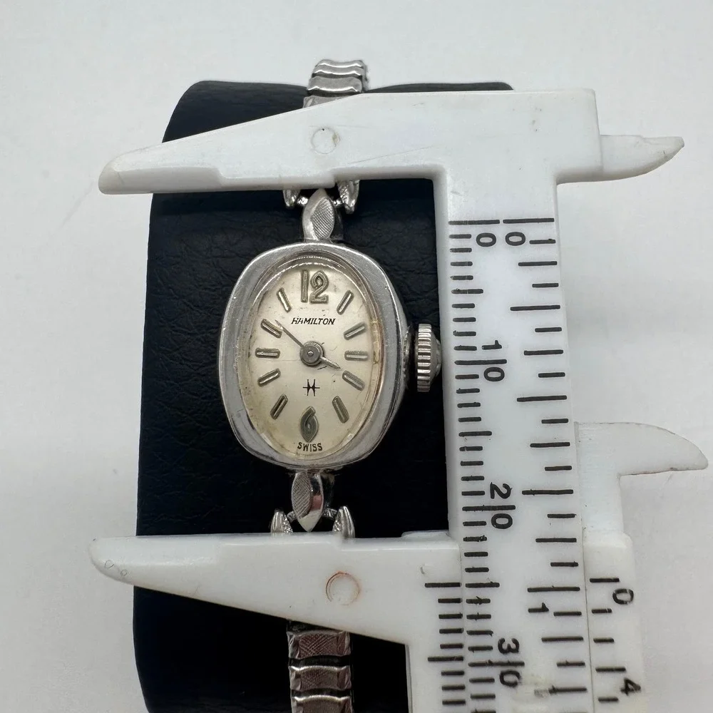 Hamilton Vintage Womens Cocktail Watch 10K RGP Bezel Silver Tone Oval Working